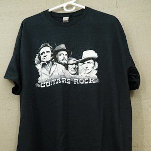 NWOT Gildan Black Cotton XL Mens Tshirt Guitars Rock Johnny Cash Willie Nelson